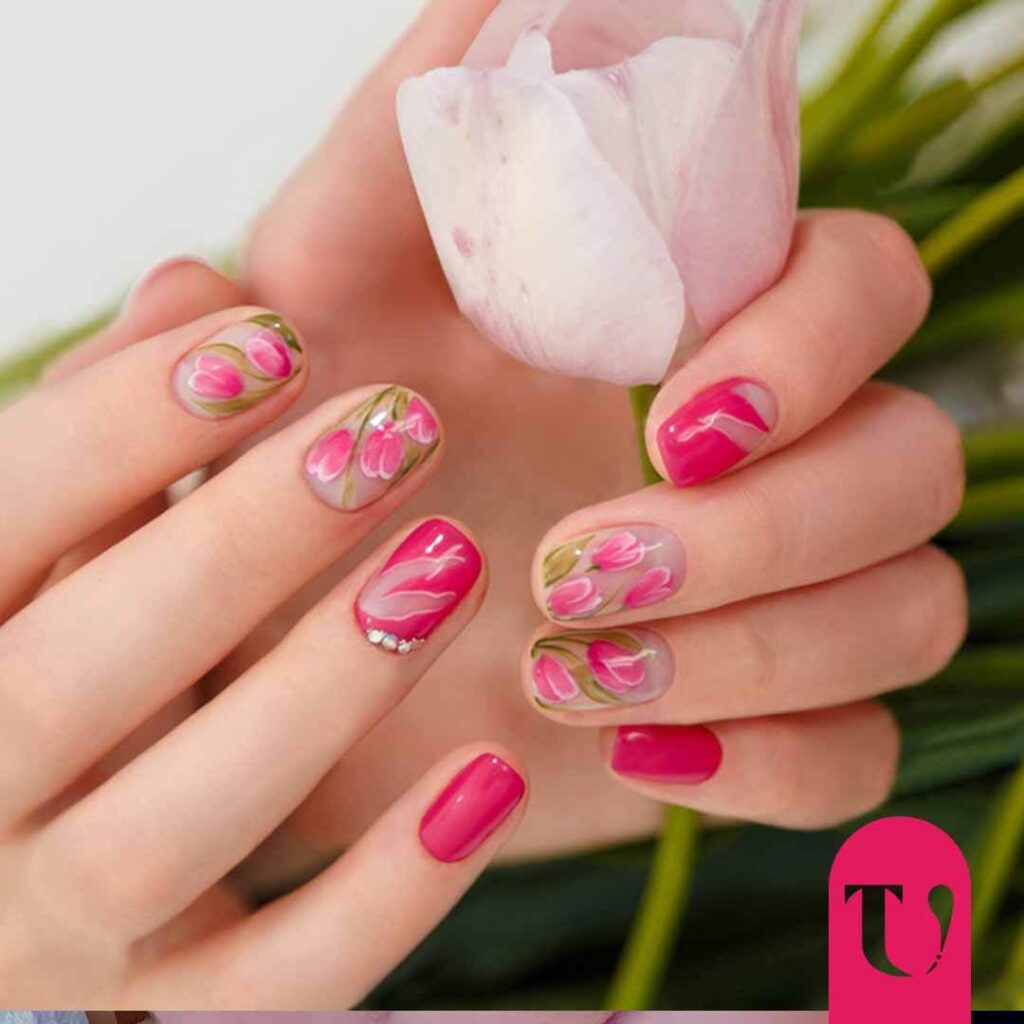 Unghie viva magenta 2023: tocco floreale